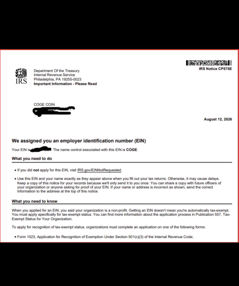 Cogearmy's tweet photo. We have gotten our EIN from the IRS, officially  starting the recognition process of us as the owners of the brand name and IP  

This is only the first step, we are the governmentally accepted owners of the brand.

AvecKFxn8ihToR7gwgAVjfqV56N1rWhN7hv8joXQpump https://t.co/Ekd5K4byfz