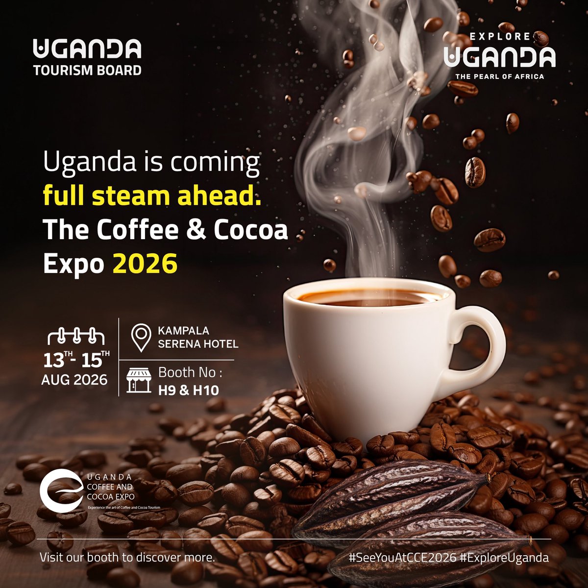 ExploreUganda's tweet photo. Uganda’s coffee and cocoa tell a story that goes beyond the cup. It is a story of rich landscapes, thriving communities, distinctive flavours and tourism experiences waiting to be explored.

Stop by booths H9 and H10 tomorrow at the Uganda Coffee and Cocoa Expo to discover a richer taste of the Pearl.

When: 13th–15th August 2026
Where: Kampala Serena Hotel

#SeeYouAtCCE2026 | #ExploreUganda