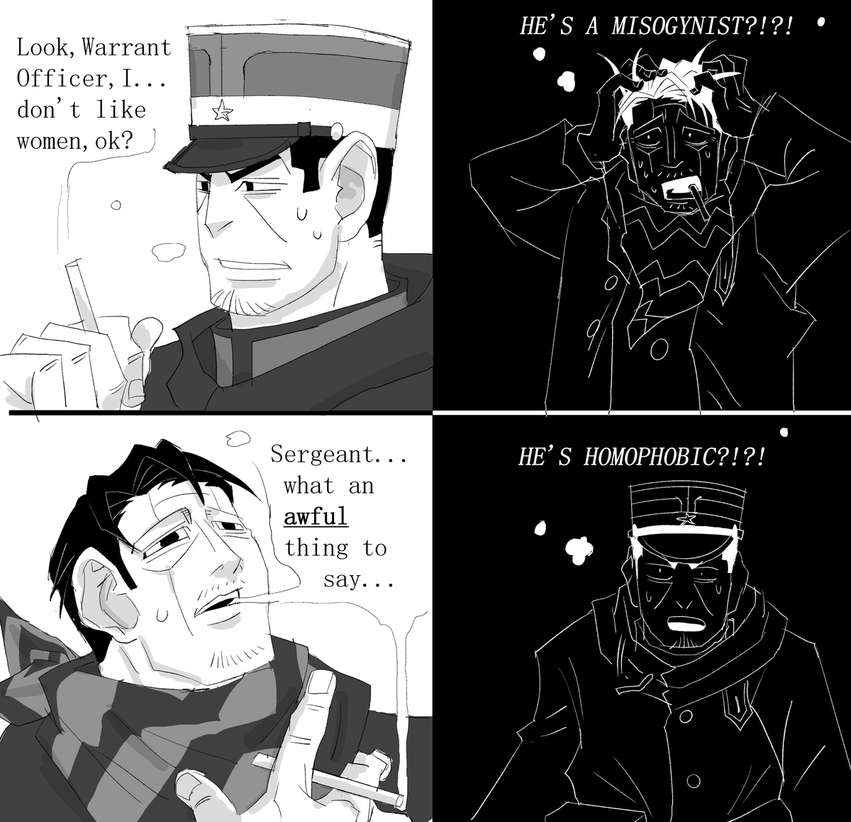 sinistersharkk's tweet photo. don't reckon i seen anyone do a golden kamuy version yet but, here is my niche GK ship of KikuTsuki https://t.co/wNOBUcnEt8