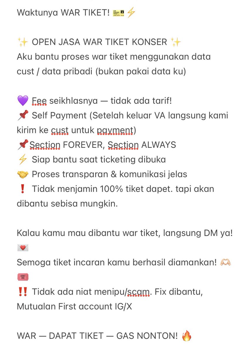 jaeyuni_e's tweet photo. 𝐉𝐚𝐬𝐚 𝐰𝐚𝐫 𝐭𝐢𝐤𝐞𝐭 𝐤𝐨𝐧𝐬𝐞𝐫 𝐟𝐞𝐞 𝐬𝐞𝐢𝐤𝐡𝐥𝐚𝐬𝐧𝐲𝐚

hallo sijeuni👋

aku mau bantu kalian yang belum dapet jastip/jaswar dengan fee seikhlasnya. self payment pakai data kalian

info lanjut bisa langsung DM aja ya

no scam tipu tipu. aku pure bantu sebisa ku https://t.co/NC1kWk3aAp