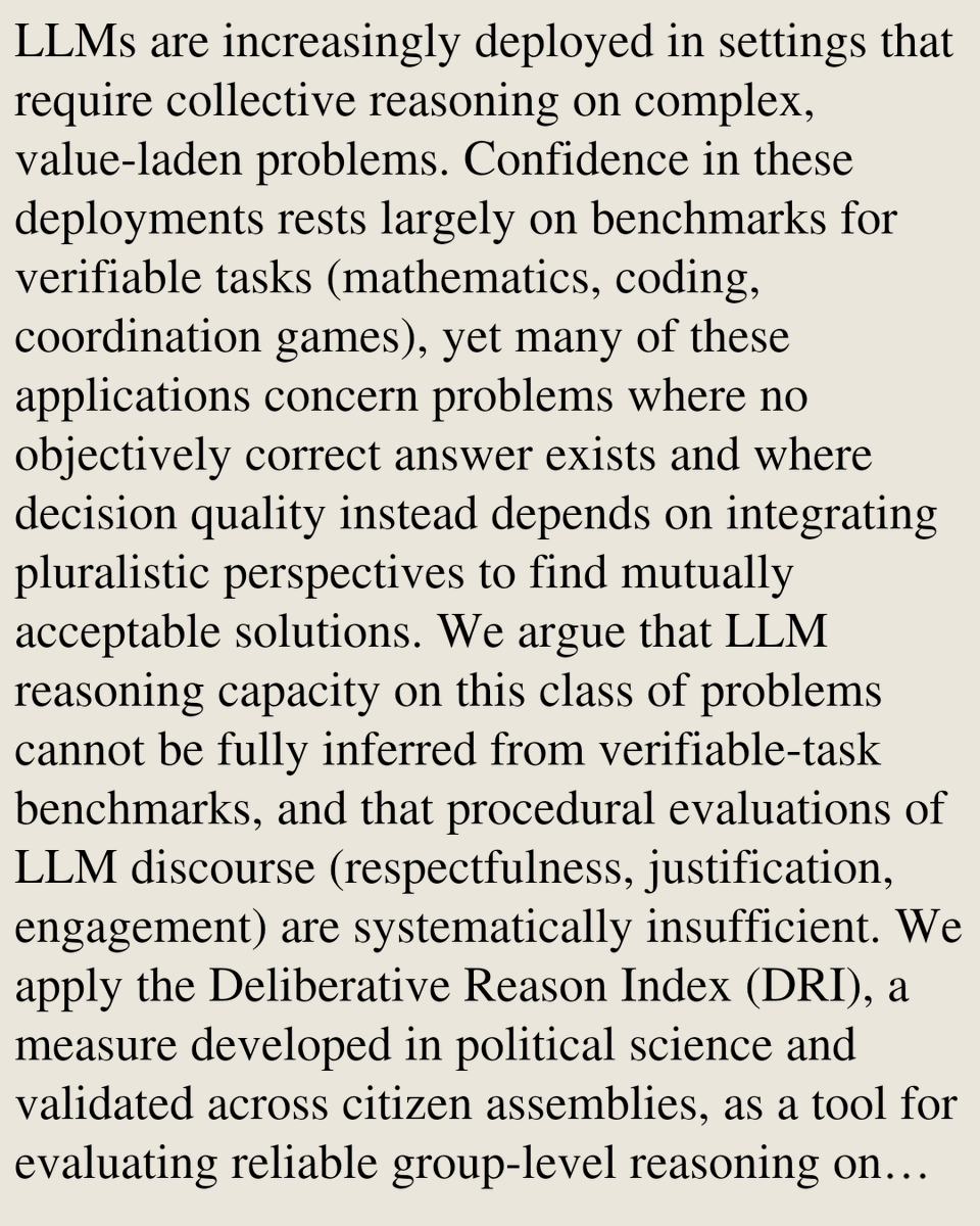 PIN's tweet photo. The Deliberative Deficit: An Empirical Critique of LLMs in Democratic Discourse

Maurice Flechtner
https://t.co/MrkGhNtUpo [𝚌𝚜.𝙼𝙰 𝚌𝚜.𝙰𝙸 𝚌𝚜.𝙲𝚈] https://t.co/697hQz9QYo