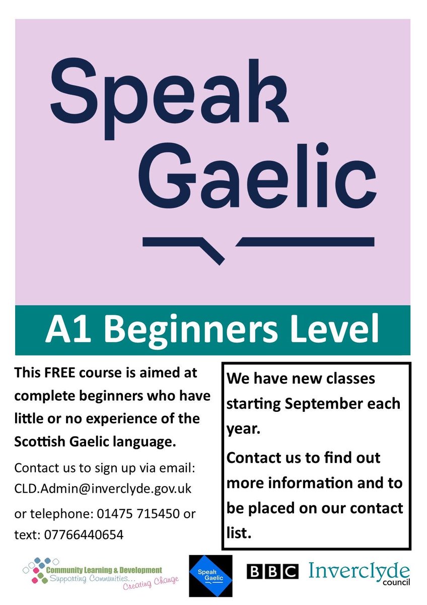 inverclyde's tweet photo. Want to learn how to speak Gaelic? Our Inclusive Communities service is running a new Speak Gaelic course starting in September 2026 on Mondays at 6.30pm in Notre Dame High School, Greenock. See below for more information👇

@WhinhillPS @invacad https://t.co/ZwoqGDeJBE