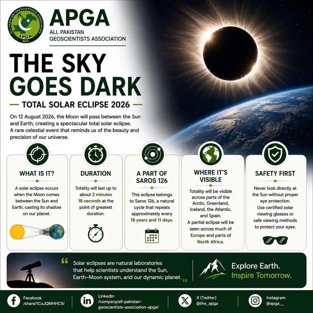 the_apga's tweet photo. 🌑☀️ Total Solar Eclipse 2026 — On 12 August, the Moon will completely block the Sun, revealing its corona. Never view the Sun without certified solar protection. 🌍 APGA #SolarEclipse2026 https://t.co/2XKgRgNHGh