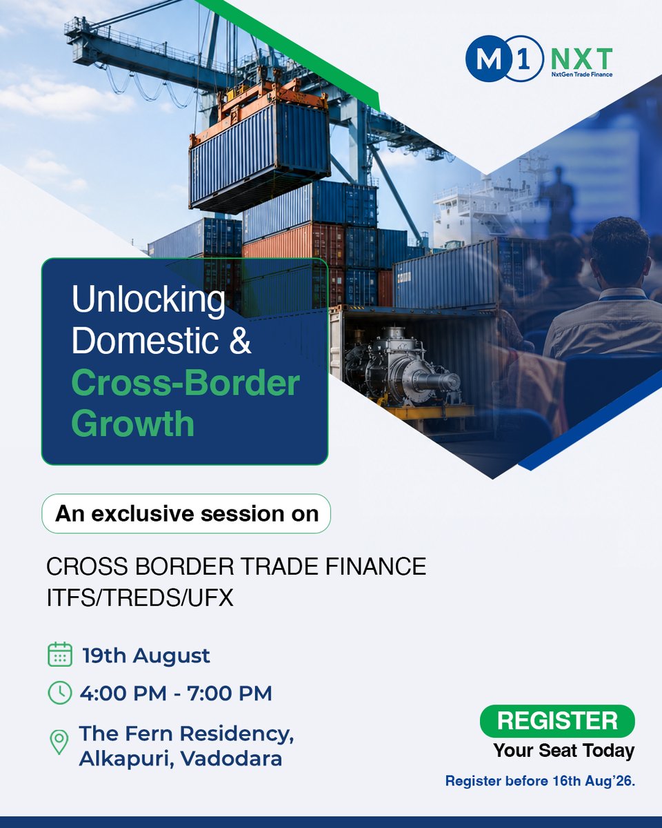 M1Nxt's tweet photo. Join M1 for an exclusive industry session on working capital, ITFS, cross-border trade finance and financing opportunities.

📍 Vadodara
📅 19 Aug
🕓 4–7 PM

Register by 16 Aug: https://t.co/fF47D5ZOOX

#M1NXT #TradeFinance #CrossBorderTrade #ITFS #GlobalTrade https://t.co/bPA1W2ZIkf