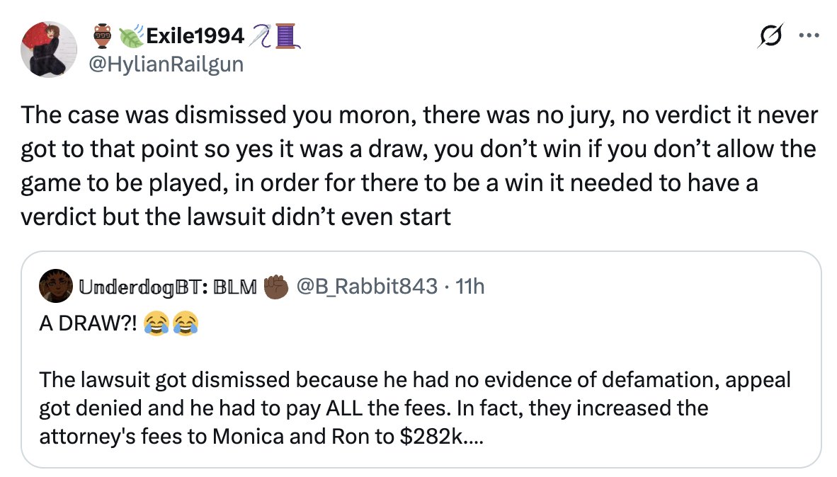 B_Rabbit843's tweet photo. This man's toxic fanbase is so down bad that they have to BS themselves into believing that V1c didn't lose his lawsuit, when it's obvious that he did. LawTwitter even told them in 2019 it would happen, but they'd rather listen to people who pander to them. It's beyond pathetic. https://t.co/aO0ISojibx