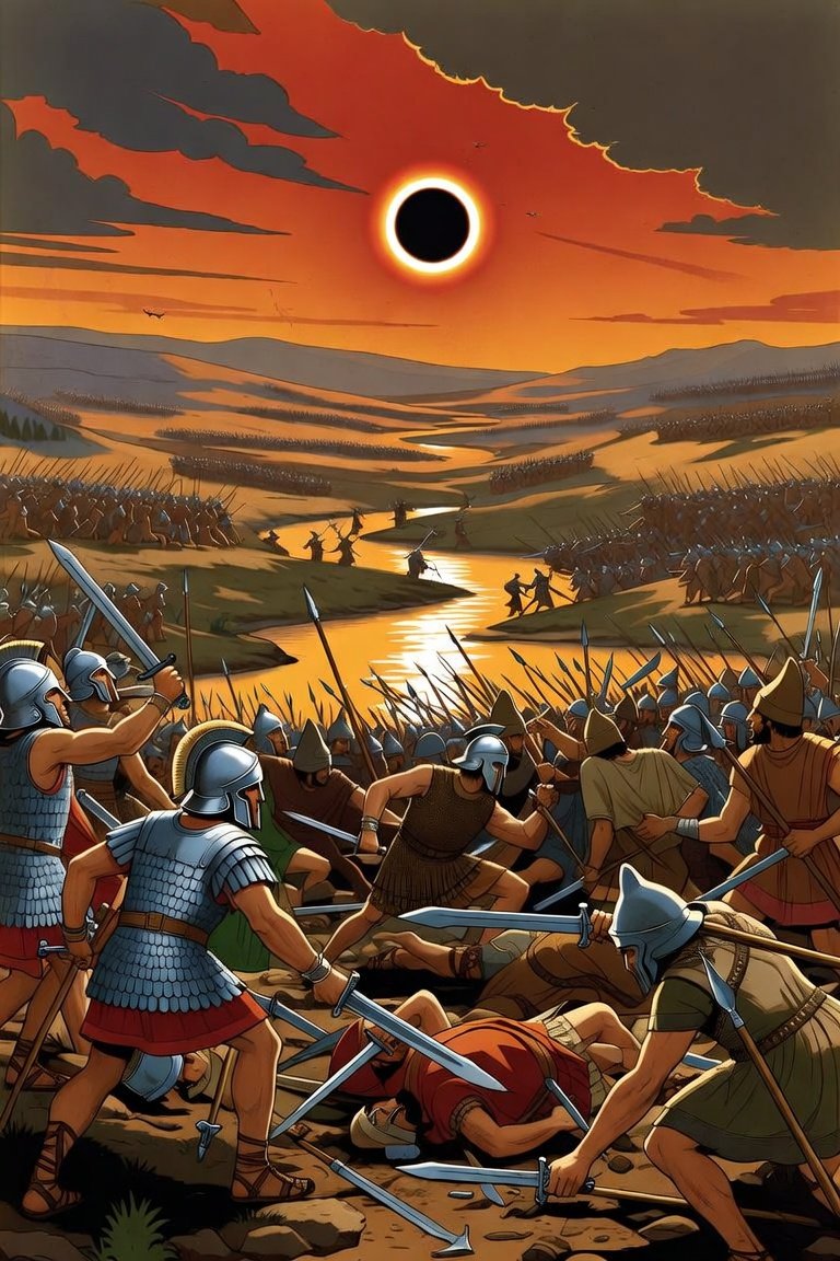 restitutorII's tweet photo. On parle d’éclipse, alors parlons aussi de la bataille de l’Éclipse, l’un des épisodes les plus fascinants de l’Antiquité. Elle se déroula le 28 mai 585 av. J.-C., en Anatolie dans l'actuelle Turquie, sur les rives du fleuve Halys, quelque part à l’est de l’actuelle Ankara. Elle opposa le royaume de Lydie, établi en Anatolie, aux Mèdes, venus de l’actuel Iran.

Tout aurait commencé par un épisode particulièrement macabre impliquant des mercenaires scythes au service des Mèdes. À la suite d’une altercation avec le roi mède Cyaxare, ces mercenaires auraient tué l’un de ses fils. Craignant la colère du souverain, ils auraient ensuite mutilé son corps, l’auraient servi comme nourriture aux soldats mèdes, puis auraient pris la fuite vers le royaume de Lydie.

Furieux, Cyaxare exigea qu’Alyatte, le roi lydien, lui livre les responsables. Celui-ci refusa de les remettre, faisant rapidement dégénérer le différend en conflit ouvert entre les deux royaumes.

Après plusieurs années de guerre, les armées lydienne et mède se retrouvèrent finalement face à face près du fleuve Halys. C’est alors qu’un événement extraordinaire bouleversa le cours de la bataille, le 28 mai 585 av. J.-C., une éclipse totale du Soleil plongea soudainement le champ de bataille dans l’obscurité. Selon Hérodote, ce phénomène avait été prédit par Thalès de Milet.

Saisies de stupeur, les deux armées interprétèrent l’éclipse comme un présage divin et cessèrent immédiatement les combats. L’événement ouvrit alors la voie à des négociations de paix: un mariage diplomatique fut conclu entre les deux dynasties et le fleuve Halys fut finalement fixé comme frontière entre leurs territoires.

La bataille de l’Éclipse est ainsi devenue l’un des exemples les plus célèbres de la façon dont un phénomène astronomique peut, de manière aussi spectaculaire qu’inattendue, influer sur le cours de l’Histoire.