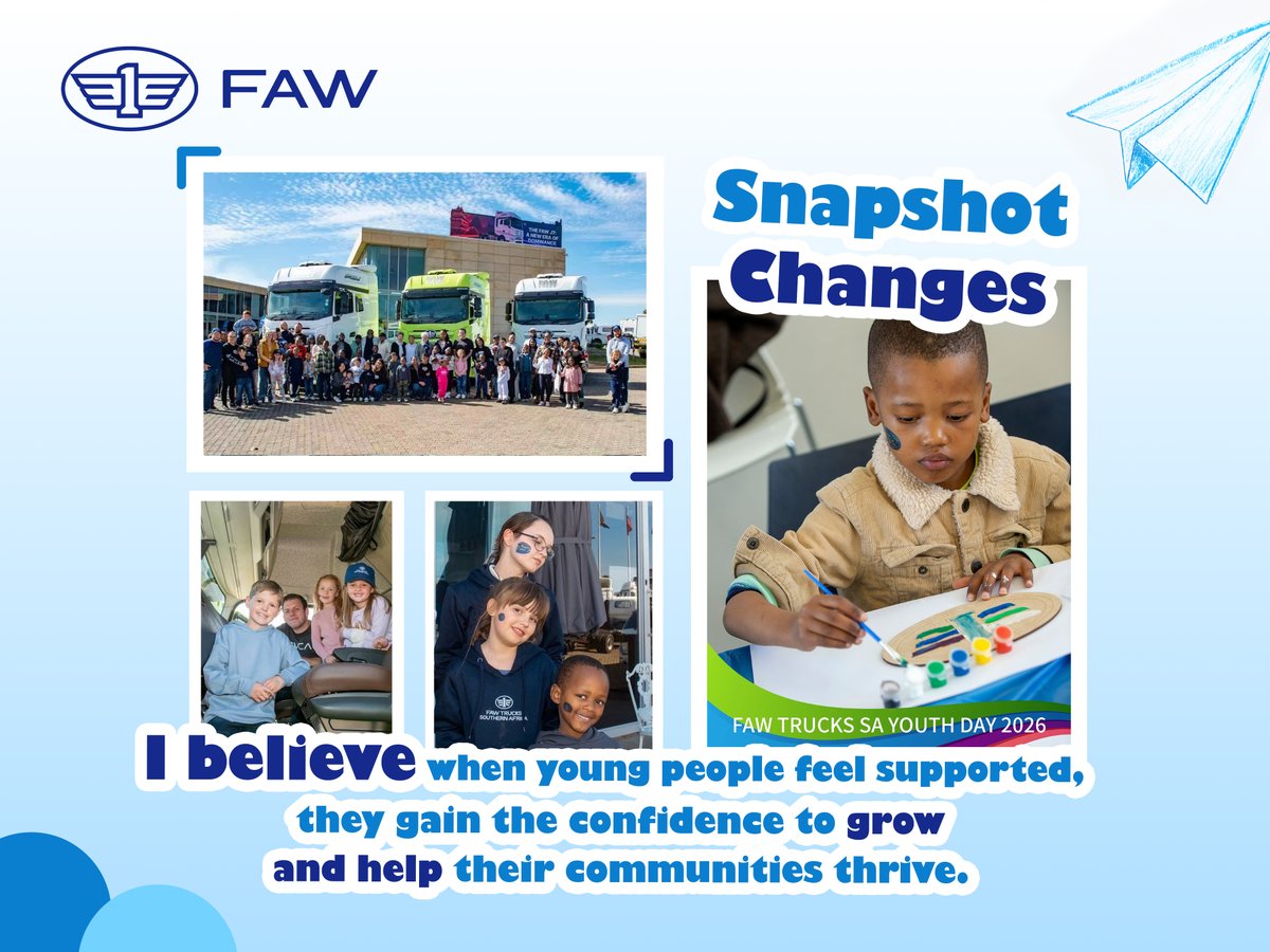 faw_global's tweet photo. I believe young people thrive when they are seen, supported and trusted to grow. 💙
This year’s Youth Day, FAW TRUCKS Southern Africa celebrates the families, mentors and communities behind every career taking shape.
#SnapshotChanges #DriveFAWard #FAWTRUCKS #YouthDay https://t.co/nWfD5SMkLJ