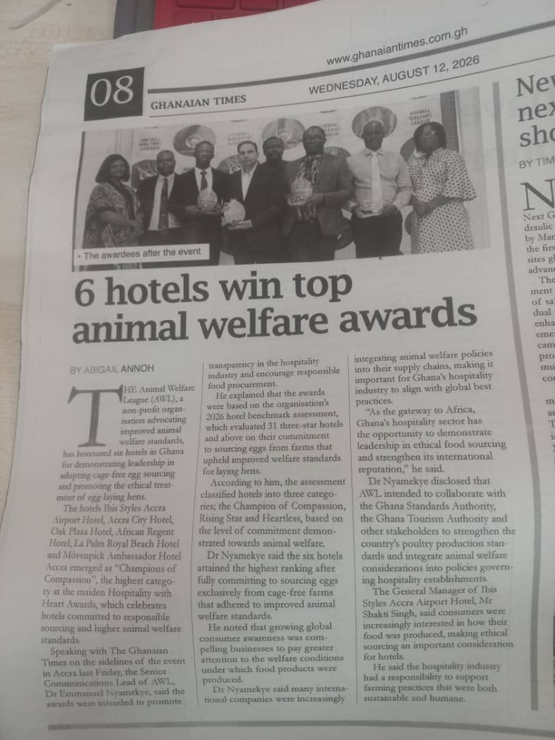 animalwelfaregh's tweet photo. The top-ranked hoteliers of the 2026 Ghana Hotels Benchmark are featured in today’s Ghanaian Times, recognized for their transparency, compassion and leadership in committing to cage-free egg sourcing.
Grab a copy and turn to page 8: Aug 12edition.
#animalwelfare #HWHA https://t.co/5f6qu7Snul