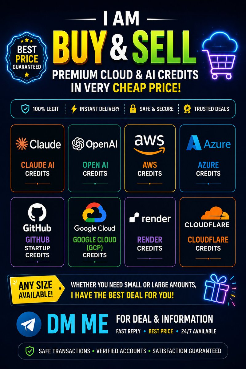 vikas789771's tweet photo. all type credit available .
DM or comments now 

claude ai , open ai aws credits,    azure credits,     Giithub startup credits,   google cloud credits (GCP),   render credits,  cloudflare credits. https://t.co/xQH5iMlWvh