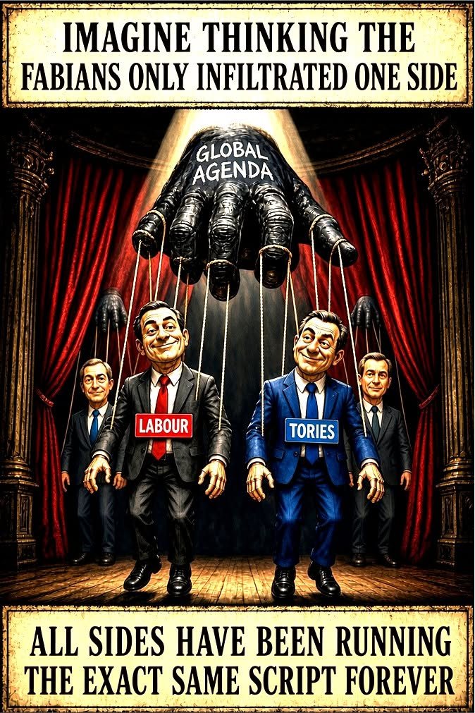 Old_Swanner's tweet photo. @SianaNache79742 The Fabian gradualist tradition is cited as one of the early intellectual vehicles that normalised the idea of managing society from above toward a more centralised, borderless future, regardless of which colour of suit is on stage. https://t.co/b8BP3Zn2sm