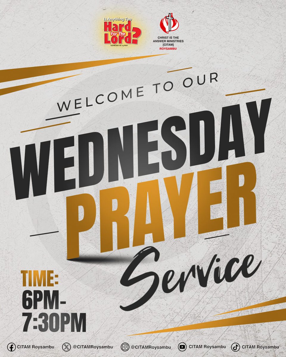 CITAMRoysambu's tweet photo. Midweek check-in 🙏 Wednesday Prayer Service today
6PM - 7:30PM | CITAM Roysambu
Come let’s pray together.
#CITAMRoysambu #PrayerService https://t.co/yqh2MwAq5c