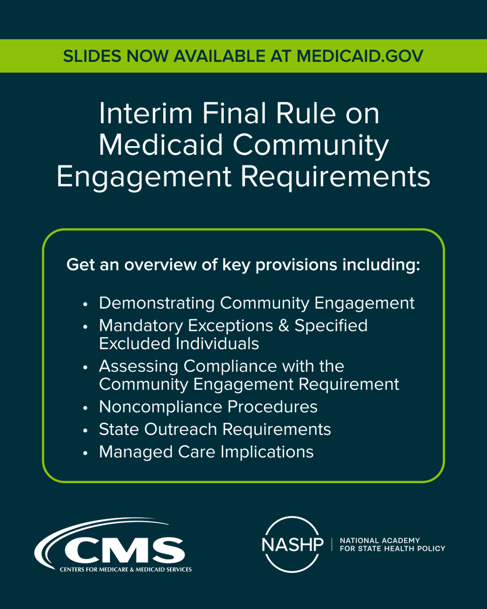 NASHPhealth's tweet photo. Thank you to everyone who joined our July 22nd webinar with CMS on the Medicaid Community Engagement Requirement for Certain Individuals.

If you couldn't make it, review the slides here https://t.co/AQunpW7a0G https://t.co/bJ63PmQqru