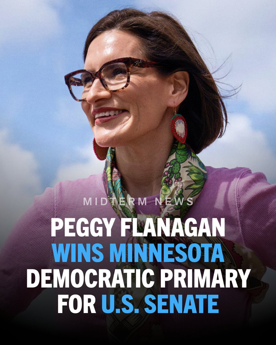 TheDemocrats's tweet photo. HUGE: Peggy Flanagan has won the Minnesota Democratic primary for U.S. Senate.

We are ready to organize to keep this seat blue and elect a champion for Minnesota to the Senate. https://t.co/zNmMtEE7lX