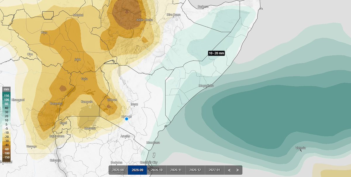 MaithyaVilivu's tweet photo. Major Update: OND 2026 Rainy Season in #Kenya 

One of the key parameters that we use to know when the OND rainy season will begin is the consistent emergence of rain bands in Eastern Ethiopia, Somali Land & Somalia.
These bands normally indicate a southward shift of the Inter-Tropical Convergence Zone (ITCZ) from the Sahel & Ethiopian highlands into Equatorial Africa, including KE. They also signify a change in the direction and strength of the Indian Ocean trade winds, bringing to an end the West Indian Ocean Monsoon. Tropical disturbances in the Indian Ocean are also something to watch.
The August multi-model super-ensemble runs are out and it's now clearer, than ever before, that there will be an early onset of pre-seasonal rains this time round particularly in Somalia, North Eastern KE & the Kenyan Coastal strip in Sept 2026. Northern parts of TZ coastal strip may also witness pre-seasonal rains next month. These rains are expected to intensify quickly & spread out to other parts of KE from early Oct and continue to drench the lands all the way to Jan 2027.
Global multimodel ensemble charts project above-average rains in Sept in these regions, with up to 20mm in excess of the long term mean in some places.
These rains are coming at a time when a record breaking strong El Nino is firmly established in the Equatorial Pacific & the IOD is entering a positive phase, meaning they could easily turn into a catastrophe.
Short-range & sub-seasonal range model forecasts will tell us the exact onset hours & dates in the coming weeks.
Keep on following!!