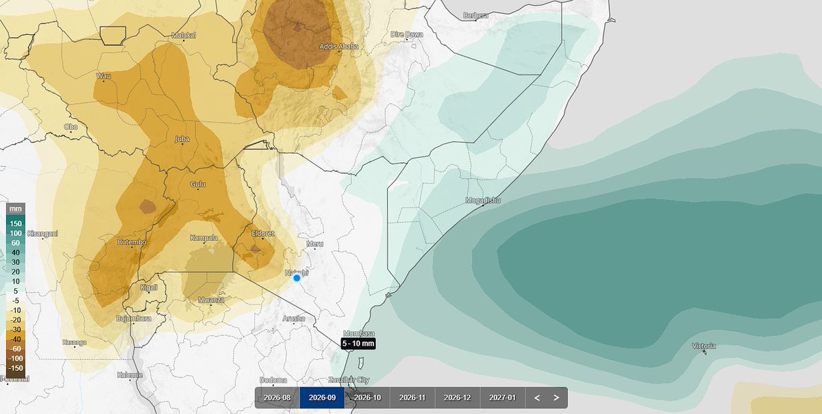 MaithyaVilivu's tweet photo. Major Update: OND 2026 Rainy Season in #Kenya 

One of the key parameters that we use to know when the OND rainy season will begin is the consistent emergence of rain bands in Eastern Ethiopia, Somali Land & Somalia.
These bands normally indicate a southward shift of the Inter-Tropical Convergence Zone (ITCZ) from the Sahel & Ethiopian highlands into Equatorial Africa, including KE. They also signify a change in the direction and strength of the Indian Ocean trade winds, bringing to an end the West Indian Ocean Monsoon. Tropical disturbances in the Indian Ocean are also something to watch.
The August multi-model super-ensemble runs are out and it's now clearer, than ever before, that there will be an early onset of pre-seasonal rains this time round particularly in Somalia, North Eastern KE & the Kenyan Coastal strip in Sept 2026. Northern parts of TZ coastal strip may also witness pre-seasonal rains next month. These rains are expected to intensify quickly & spread out to other parts of KE from early Oct and continue to drench the lands all the way to Jan 2027.
Global multimodel ensemble charts project above-average rains in Sept in these regions, with up to 20mm in excess of the long term mean in some places.
These rains are coming at a time when a record breaking strong El Nino is firmly established in the Equatorial Pacific & the IOD is entering a positive phase, meaning they could easily turn into a catastrophe.
Short-range & sub-seasonal range model forecasts will tell us the exact onset hours & dates in the coming weeks.
Keep on following!!