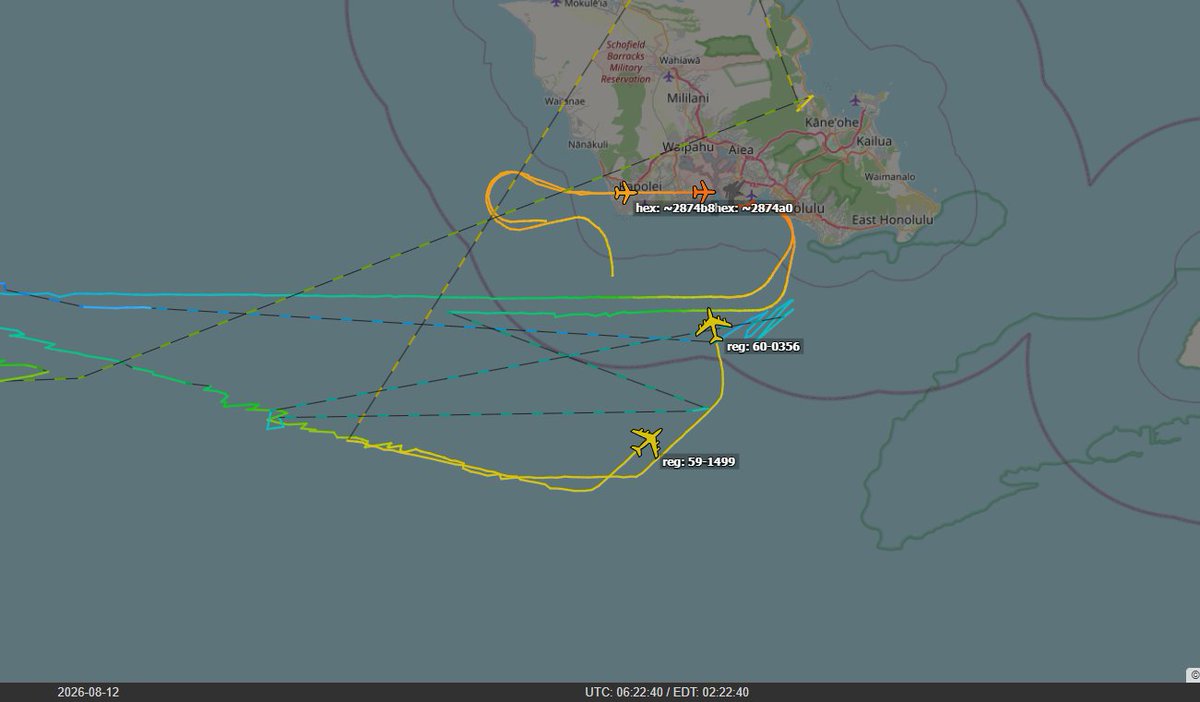 AUX_OSINT's tweet photo. #Coronet West 474: 3x KC-135R/T have tanked PINE11 flt of 2(?) (F-35A) to Hickam AFB (PHNL) from Andersen AFB (PGUA). #CW474
Possibly the "AK" F-35A that were in Darwin, AUS (YPTN) for Exercise Pitch Black 2026.
#AE04E8 - 60-0356 - CABAL61
? CABAL62
#AE0422 - 59-1499 - CABAL63 https://t.co/gHuYOmzZPr