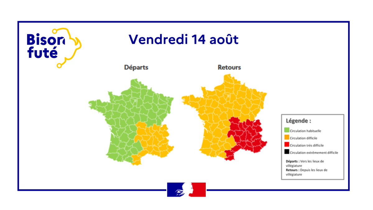 Image de Préfet de Normandie et de la Seine-Maritime - 🚦Prévisions de Bison Futé en #SeineMaritime pour le week-end du 15 août

📅Vendredi 14 août
Départs