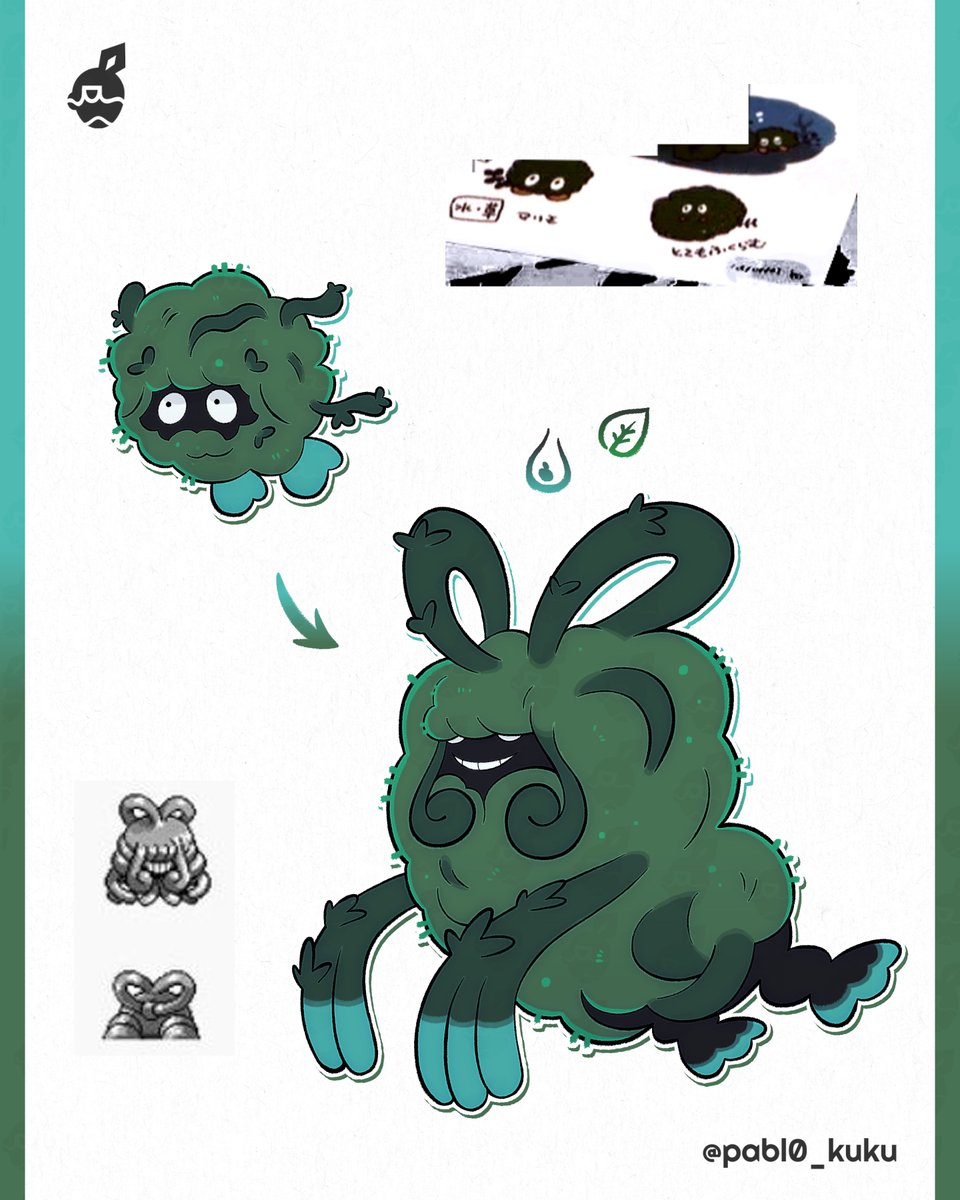 pabl0_kuku's tweet photo. Sticking with scrapped Pokémon for a bit longer since
I’m obsessed with all the "what could’ve been" designs! This time it’s Tangela turn, inspired by those Japanese moss balls called marimos
I also took another beta Tangela design and used it as inspiration for its evolution https://t.co/fKQ5OFyEdp