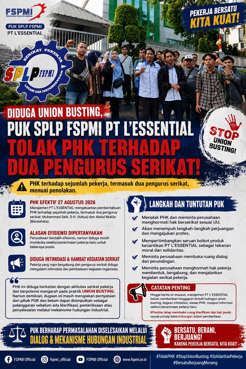 mptr_official's tweet photo. Diduga Union Busting, Dua Pengurus Serikat Terkena PHK!
🔥 PUK SPLP FSPMI PT L’ESSENTIAL MENOLAK!
#UnionBusting #PHK #SerikatPekerja #HakPekerja #KebebasanBerserikat #HubunganIndustrial #BuruhBerjuang #SolidaritasPekerja #TangerangSelatan #PerjuanganBuruh https://t.co/7u0Z3kyDXp