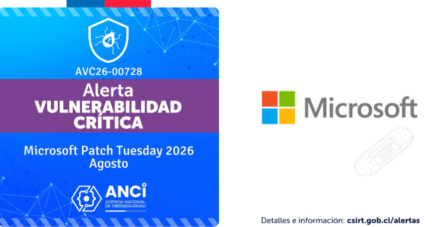 ANCIChile's tweet photo. ⚠️ Desde la Agencia Nacional de Ciberseguridad (#ANCI) compartimos con ustedes las 500 vulnerabilidades recopiladas por #Microsoft en su #UpdateTuesday de agosto 2026: https://t.co/KSuXbRuXB8
¡Parcha ya! 🩹 https://t.co/1nV6rJQUi3