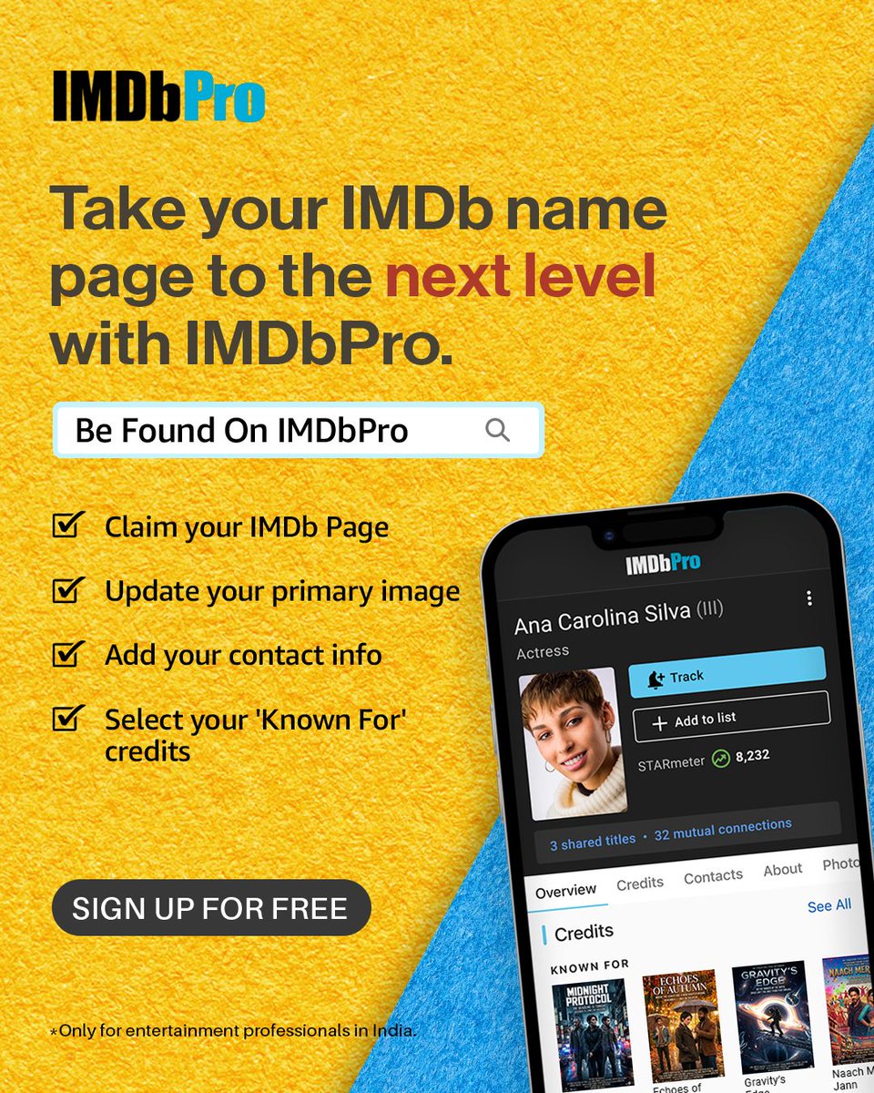IMDb_in's tweet photo. Sign up here ⬇️
https://t.co/K4pMowZ9Uj
*Only for entertainment professionals in India.
#IMDbPro #BeFoundOnIMDbPro https://t.co/ESAFv8S3m1