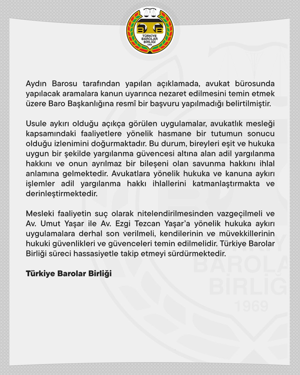 barolar's tweet photo. Avukatlara Yönelik Hukuka ve Kanuna Aykırı İşlemler Adil Yargılanma Hakkı İhlallerini Derinleştirmektedir

👉  https://t.co/2hTiQYc6qB https://t.co/obBLR83iLj