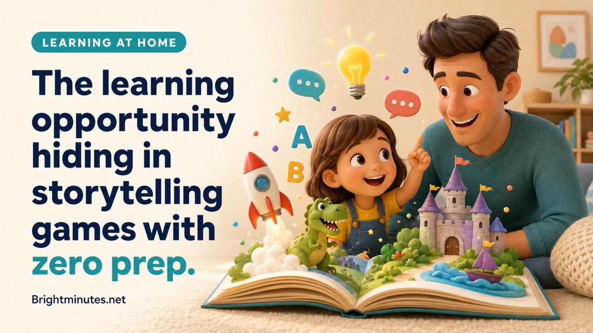 BrightMinutes_'s tweet photo. The learning opportunity hiding in storytelling games with zero prep.
Parents miss how much kids learn through play.
Take turns adding a sentence. It builds vocabulary, listening and imagination.
Join the Parent Pilot Waitlist.
#LearningAtHome #ParentingTips #BrightMinutes https://t.co/NglDHQagx5