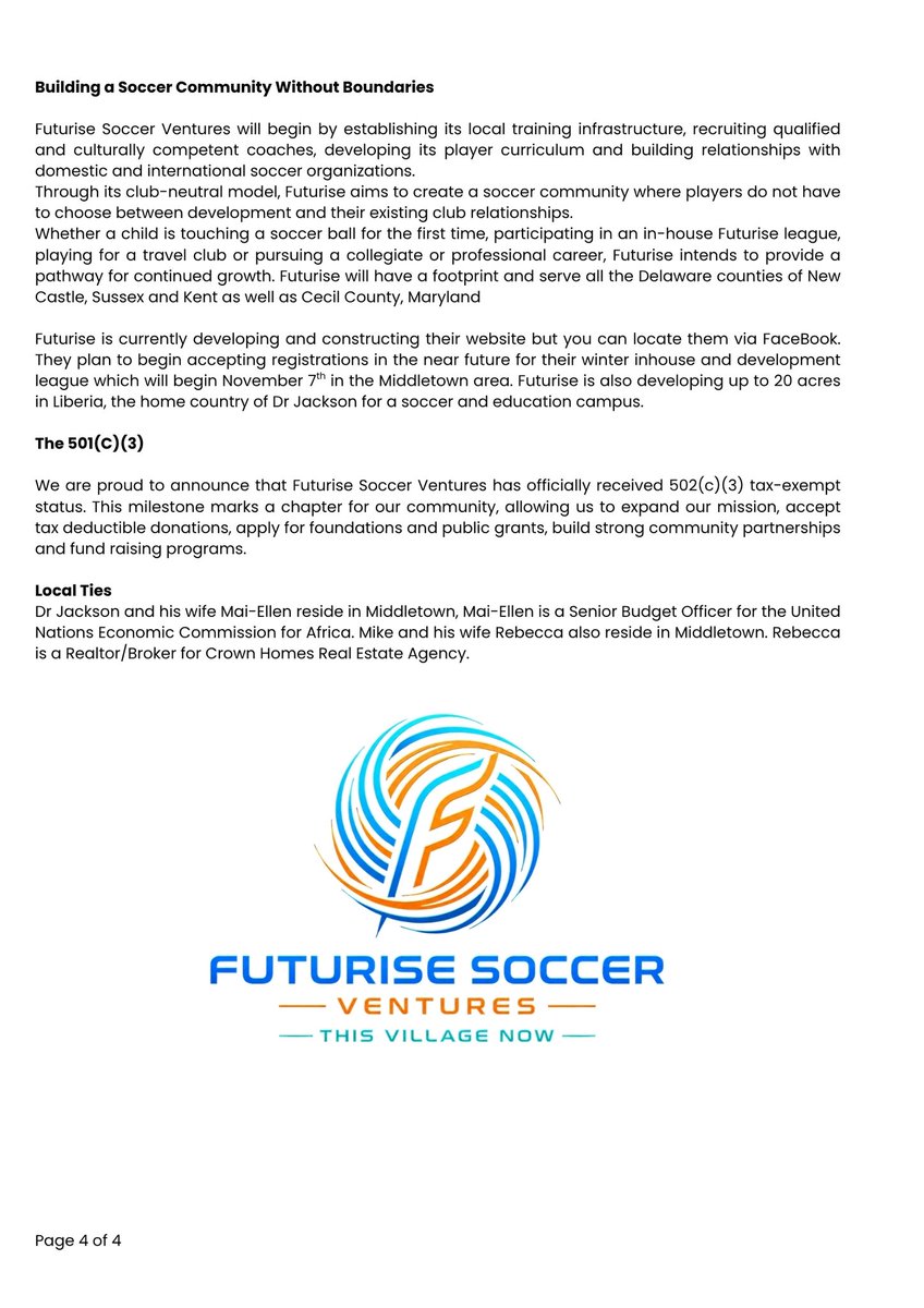 ConwayMike20's tweet photo. FOR IMMEDIATE RELEASE
Official Announcement about Futurise Soccer Ventures!! 
Please follow us and share with your friends. Stay tuned for news and announcements about partnerships, sponsorships, tournaments, camps and clinics…and more! https://t.co/PYI48iw2Bq