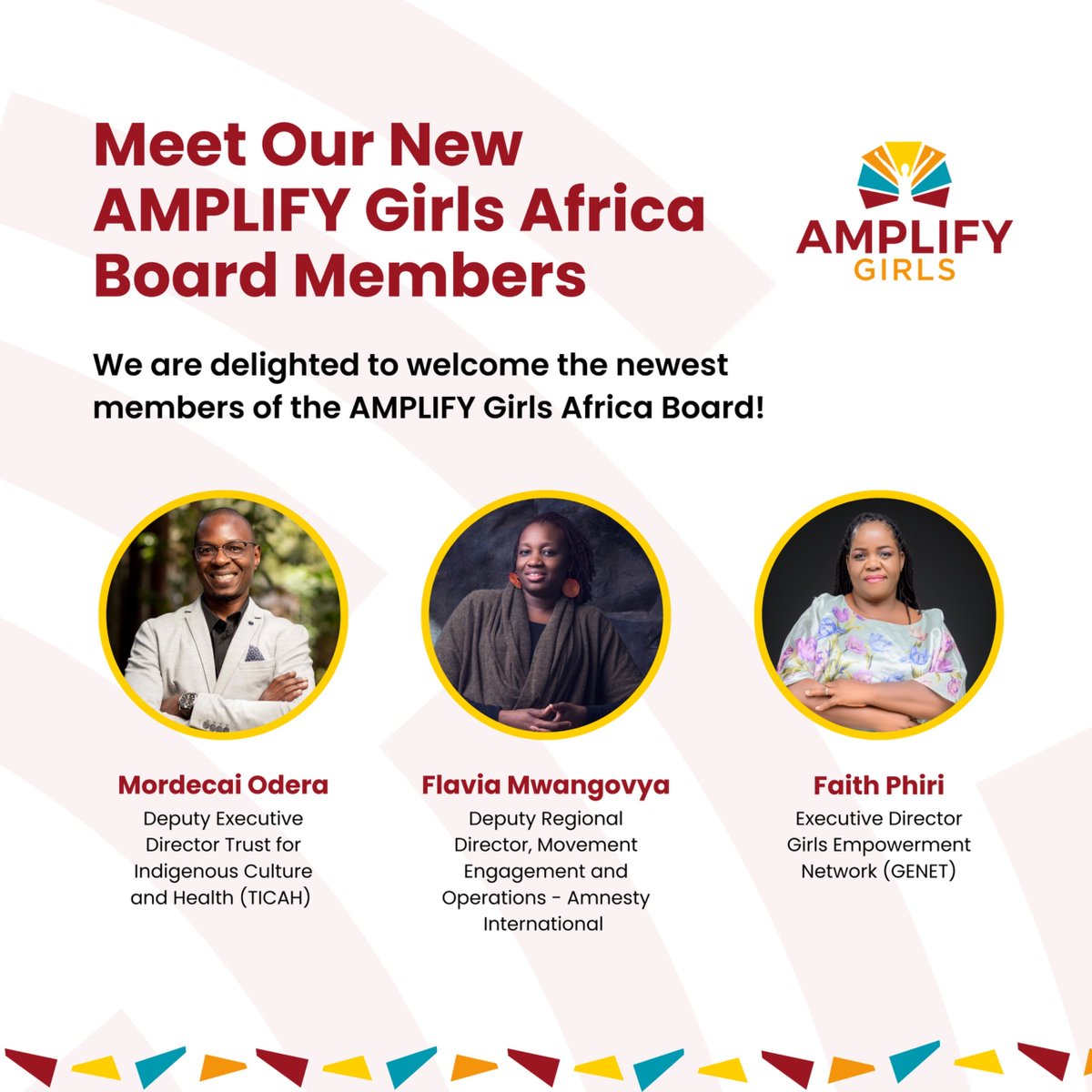 AMPLIFY_Girls's tweet photo. Join us in welcoming Mordecai Odera, Flavia Mwangovya, and Faith Phiri, our newest members of the AMPLIFY Girls Africa Board!

At the heart of our work is a belief that girls’ voices, leadership, and agency matter, and that lasting change requires strong, committed leadership across the continent.

Our new Board members bring diverse experiences, perspectives, and expertise that will help guide AMPLIFY Girls as we continue building a stronger ecosystem for adolescent girls and the organisations working alongside them.

#AMPLIFYHer