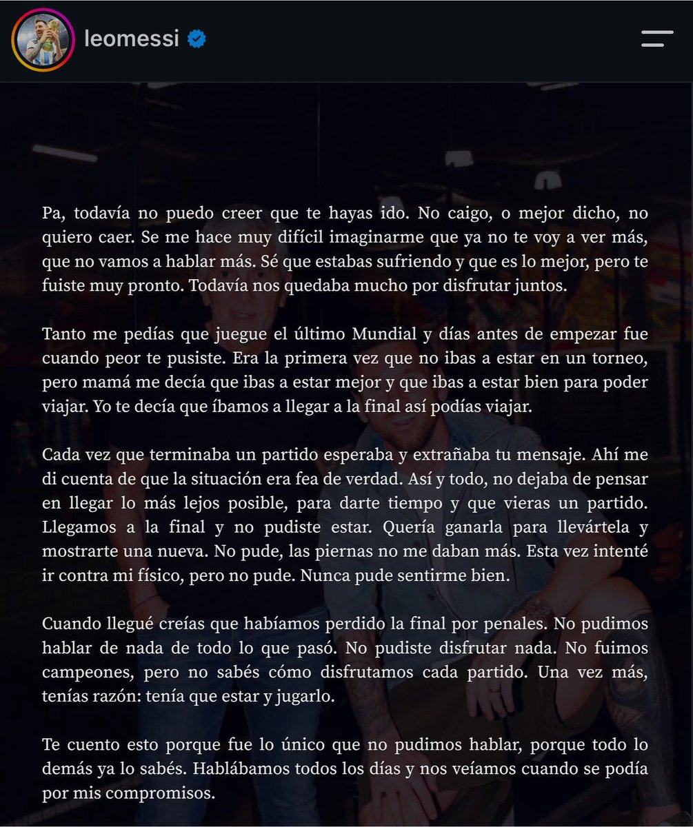 Expefutbol's tweet photo. La carta de despedida de Messi a su padre, dejenme solo.

“Quería ganar para llevártela pero no pude, las piernas no me daban más. no fuimos campeones pero no sabés cómo disfrutamos cada partido, tenías razón: tenía que estar y jugarlo” https://t.co/DgU029CVmI