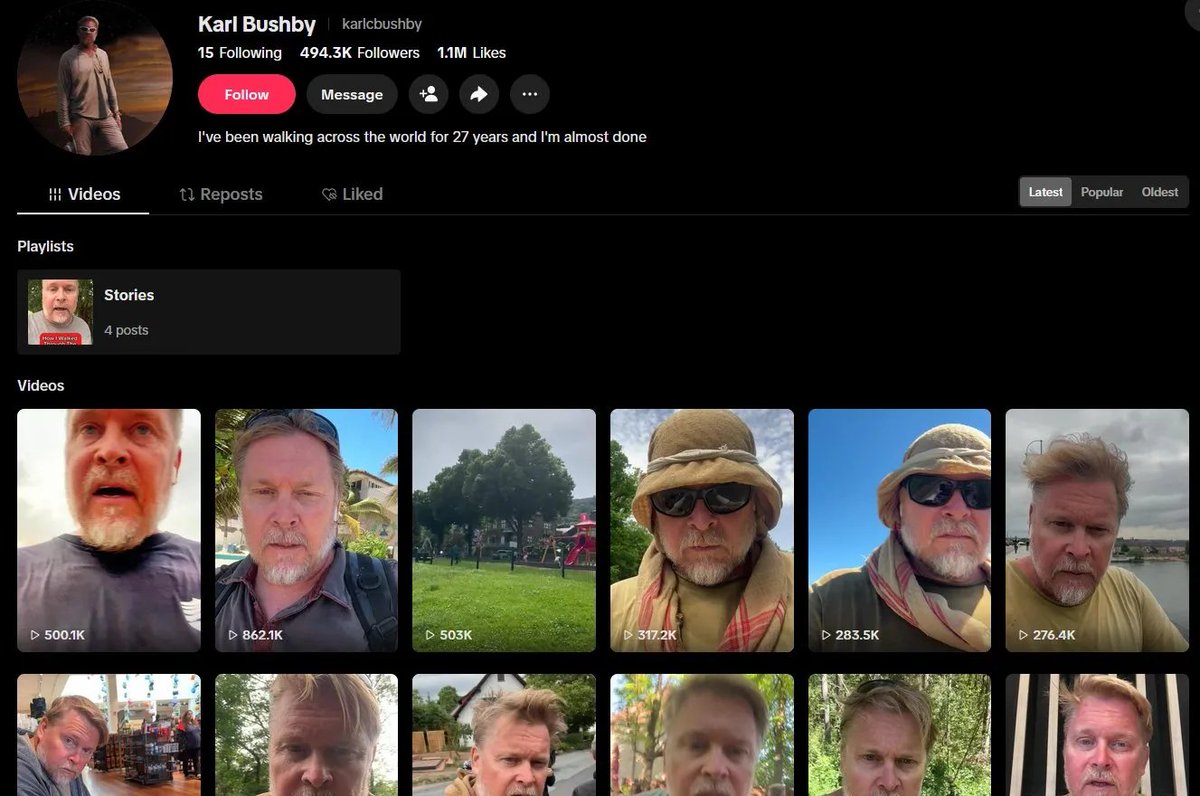 zexycrypto's tweet photo. Karl Bushby is literally Odysseus by himself.

He is the first man to complete a journey around the entire Earth ON FOOT.

IT TOOK ALMOST 30 YEARS.

He’s still documenting the journey on TikTok and he’s going GIGA VIRAL.

LITERALLY THE ODYSSEAN WALKER

TikTok: https://t.co/SJymBAG9dD 

https://t.co/Q8R8YO2PXs