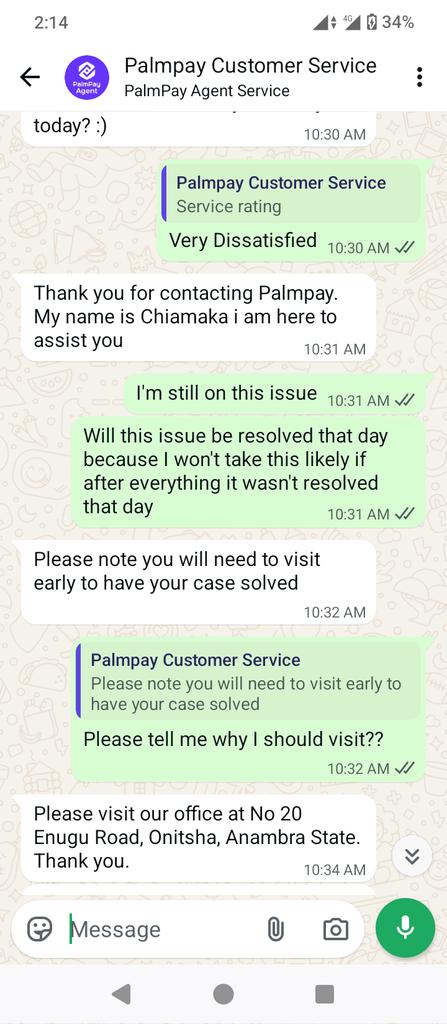 AzubuezeDivine1's tweet photo. @palmpay_ng @cenbank These are the responses from both your customer service and your business relationship manager. Why should I visit your office? Why was my account logged out for 1 month? https://t.co/rJ5h0MpRSV