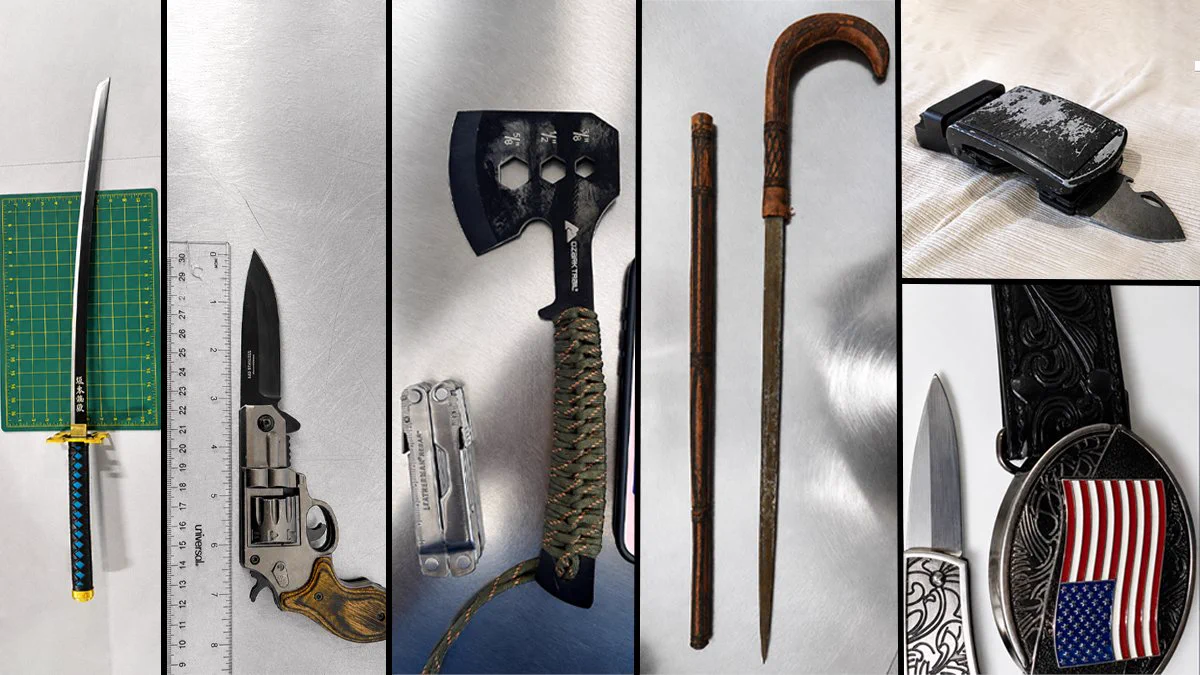 Bottom right: Belt buckle knife \u2013 American flag \u2013 CHA \nTop right: Belt buckle knife \u2013 plain \u2013 HOU\nMiddle right: Cane sword \u2013 DEN\n2nd from the left: Gun knife \u2013 DEN\nMiddle left: Hatchet & multi-tool \u2013 DEN\nLeft: Samurai sword \u2013 LAS\nAll discovered in 2026\n