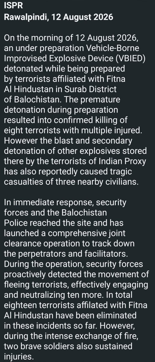 Info_Balochistn's tweet photo. #DroneIncident: As per Military Media Wing #ISPR, un under preparation #VBIED detonated while being prepared by the FAH in #Surab, incident resulted into killing of #8 terrorists,while secondary detonation of other explosive stored there also reportedly caused tragic casualties. https://t.co/QjE6KrIe1C