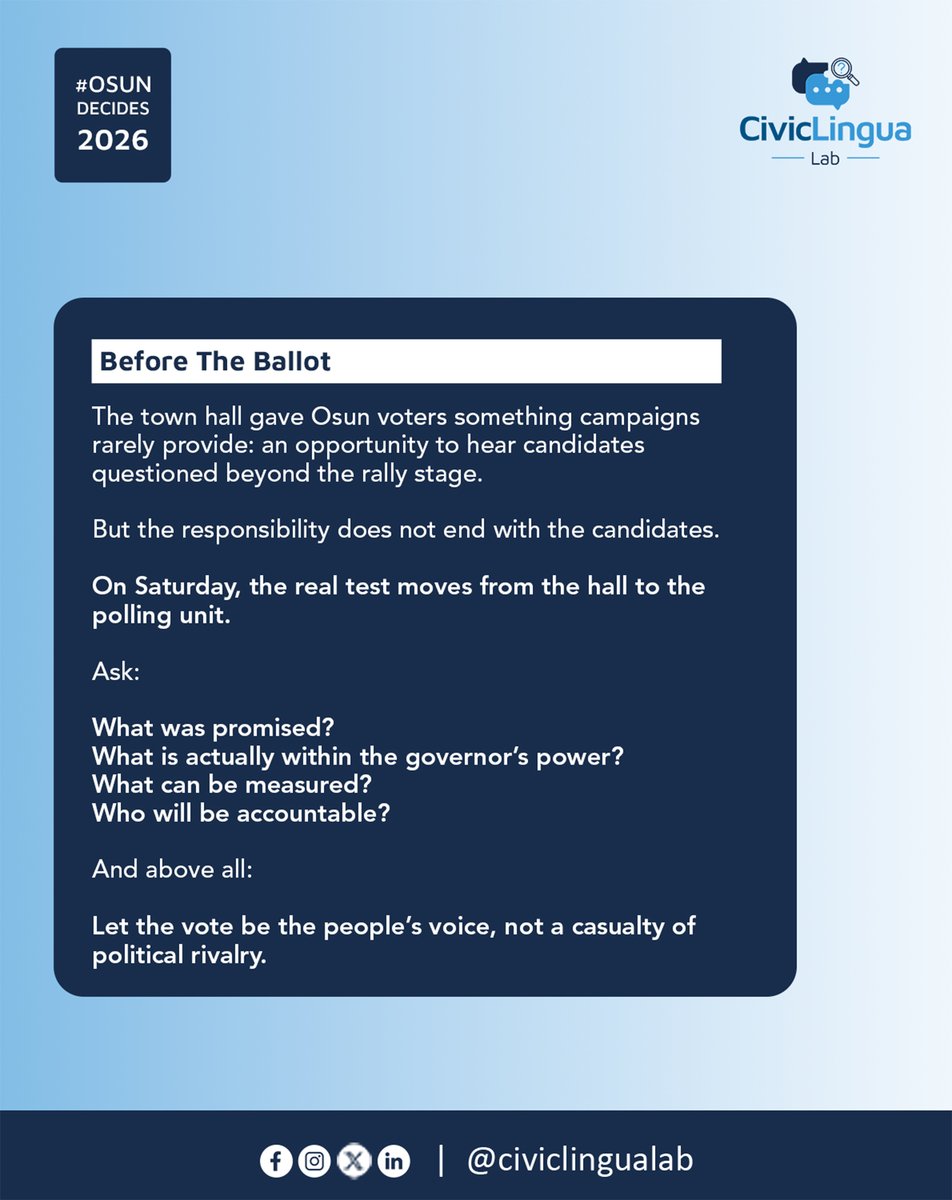 civiclingualab's tweet photo. On Saturday, the final argument belongs to the electorate.
Vote. Stay informed. Protect your vote.
#OsunDecides2026 #OsunDecides #Osun2026 #OsunElection #PoliticalDiscourse #CivicLinguaLab #NigeriaPolitics https://t.co/63B70muMVV