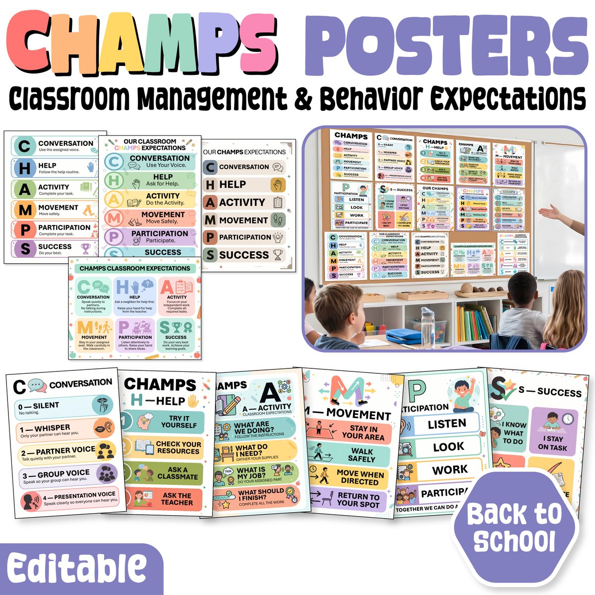 AvenuesLearning's tweet photo. Make classroom expectations visible with CHAMPS! ✨
These CHAMPS Classroom Management Posters cover Conversation, Help, Activity, Movement, Participation &amp; Success, plus voice levels and visual behavior expectations.📚🍎#CHAMPS #ClassroomManagement

https://t.co/LB2M1ctE9B https://t.co/HcqUM2MBNT