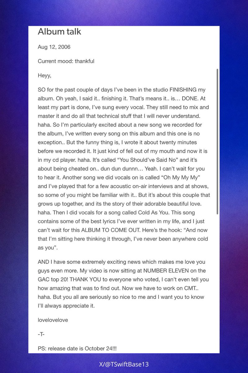 TSwiftBase13's tweet photo. 20 years ago, Taylor announced on MySpace the release of her first album called "Taylor Swift". https://t.co/RfH2qBn2Iq