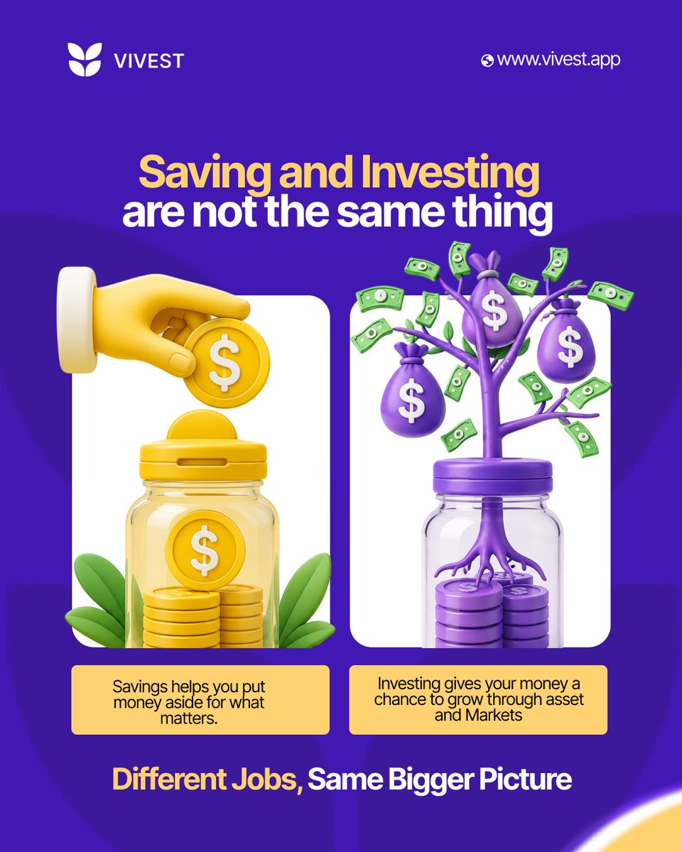vivestapp's tweet photo. Saving and investing both build your financial future but they do different jobs.

Saving gives you a safe place to put money aside for the things that matter today and tomorrow.

Investing gives your money an opportunity to grow by putting it to work in assets and markets.

You don’t always have to choose one over the other. The real goal is knowing when to save, when to invest, and how to balance both.

Your money should have a purpose.

Save with intention. Invest with wisdom. Build the life you want.

— VIVEST 💜