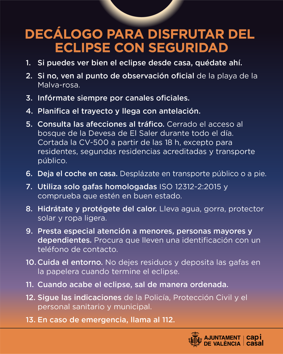AjuntamentVLC's tweet photo. 🌒 Todo a punto para el eclipse. ¿Tú también?
Antes de mirar al cielo, sigue estos consejos para disfrutarlo con seguridad. 👇
ℹ️ https://t.co/23B1dfDv6X
#EclipsiVLC #EclipseVLC #EclipsesCV #Eclipse2026 https://t.co/L1bKaWb1Pq