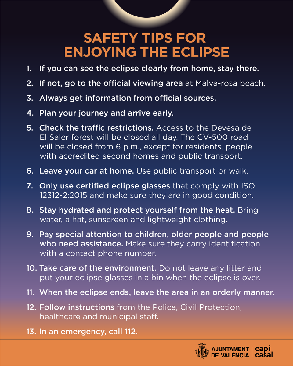 AjuntamentVLC's tweet photo. 🌒 All set for the eclipse. Are you?
Before you look up, follow these tips to enjoy it safely. 👇
ℹ️ https://t.co/23B1dfDv6X
#EclipsiVLC #EclipseVLC #EclipsesCV #Eclipse2026 https://t.co/1zMtHmF8fA