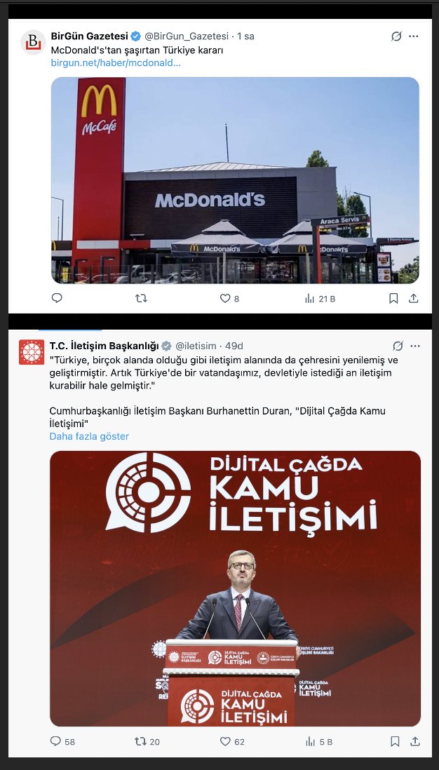 Abese_irca's tweet photo. X'in İletişim başkanlığına uyguladığı sansüre bakın lütfen. BirGün gazetesinin 8 beğeni alan McDonald's haberi İletişim Başkanlığı'nın 1.7 milyon takipçili resmi hesabından yapılan "Dijital Çağda Kamu İletişimi" konulu 58 mention 20 Retweet ve 62 beğeni alan paylaşımının 4 katından fazla görüntüleme alıyor. 

Yine BirGün gazetesinin tek etkileşimi 1 fav olan haberi 16 bin görüntüleme alırken İletişim Başkanı Burhanettin Duran'ın 72 mention 148 retweet ve 339 fav alan Cumhurbaşkanı Erdoğan'ın verdiği röportaj konulu paylaşımı 21 bin görüntüleme alabiliyor. 

Nasıl bir saldırı altında olduğumuzu anlayabiliyor musunuz? Ülkenin iletişim başkanının Cumhurbaşkanı paylaşımı BirGün'ün tek fav lan kene paylaşımını zor geçiyor.