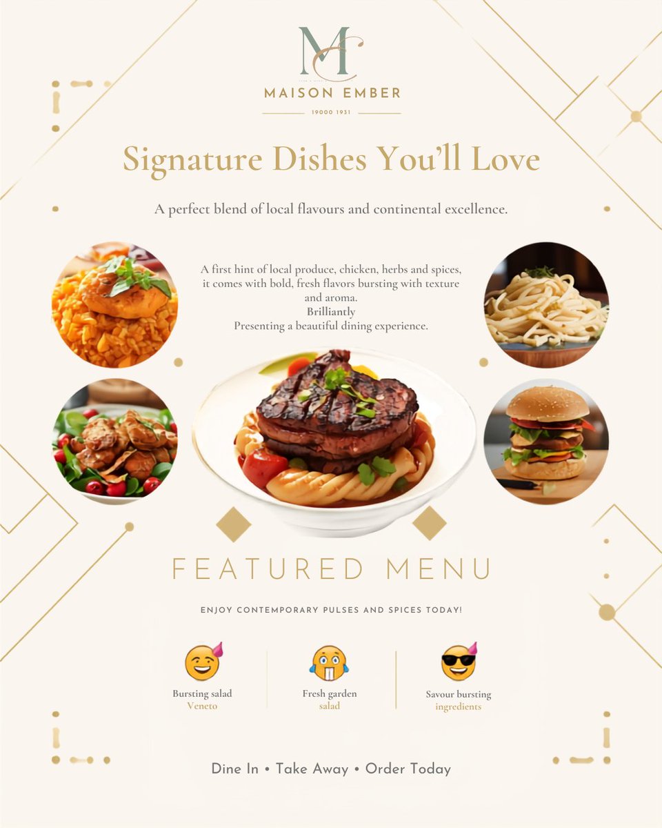 Insightful_P's tweet photo. 🍽️ Branding Concept: Maison Ember  Exploring a refined restaurant identity — showcasing signature dishes with elegant layouts, warm tones, and a premium dining feel.  ⚠️ Not client work — just a personal design exploration in graphics and branding. https://t.co/sTIEz74947