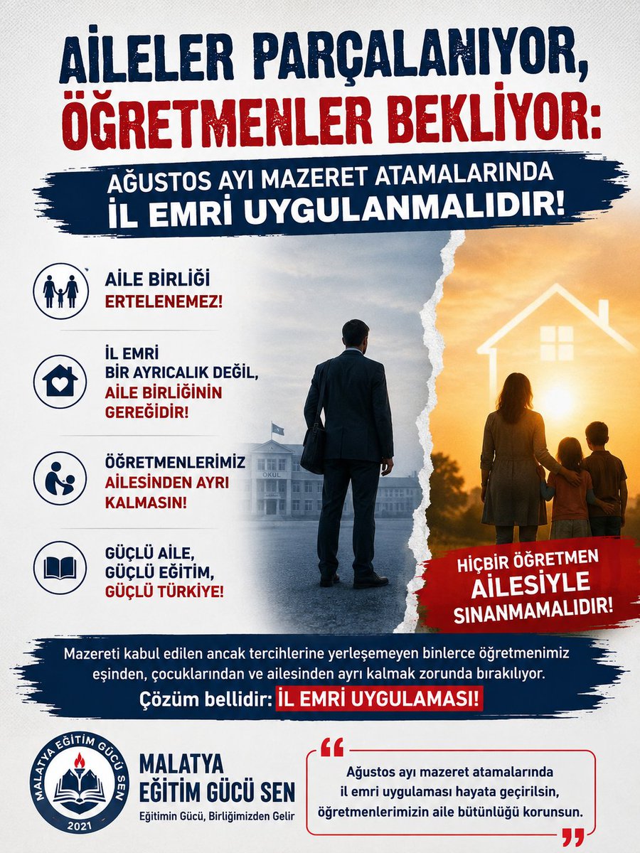 malatyaegs44's tweet photo. Ailelerinden ve çocuklarından daha fazla ayrı kalmadan, mazeret tayini sürecinin il emriyle tamamlanması.

MEB’den aile birliğini esas alan kapsayıcı bir adım bekliyoruz.
 #UmudumuzilEmri
#UmudumuzilEmri https://t.co/ivLIype5Ta
