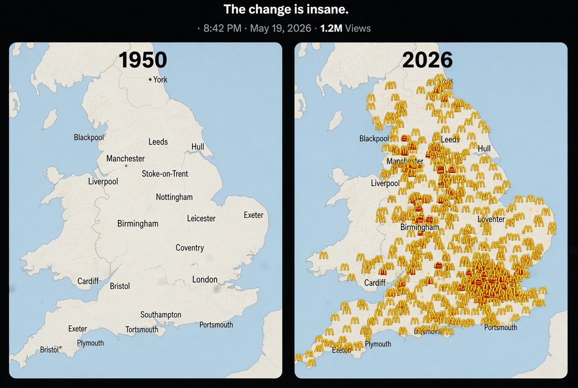 passivepaddy's tweet photo. @CaseyKrol England 1950:     0 McDonald’s
England 2026: ~1,277 McDonald’s

This is what an invasion looks like. https://t.co/lBLjVQkph3