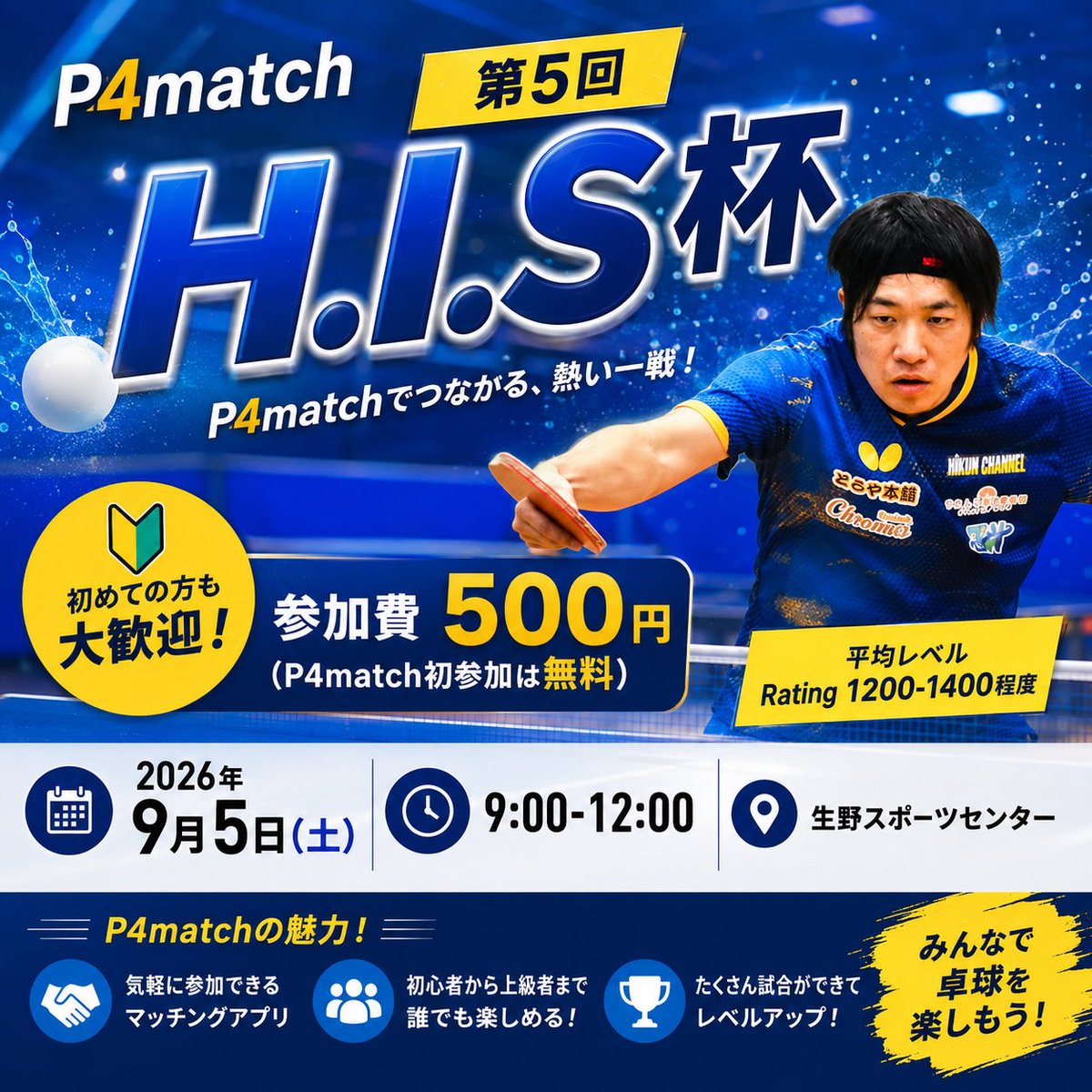 Hikunchannel_22's tweet photo. 第5回H.I.S杯を開催いたします!
直近ではRating 2000ポイントの方にエントリーいただきました✨
P4match初参加の方は実質無料となります🏓
#p4match #大阪
https://t.co/lUtFoktaXE https://t.co/6Q3uArA0nF