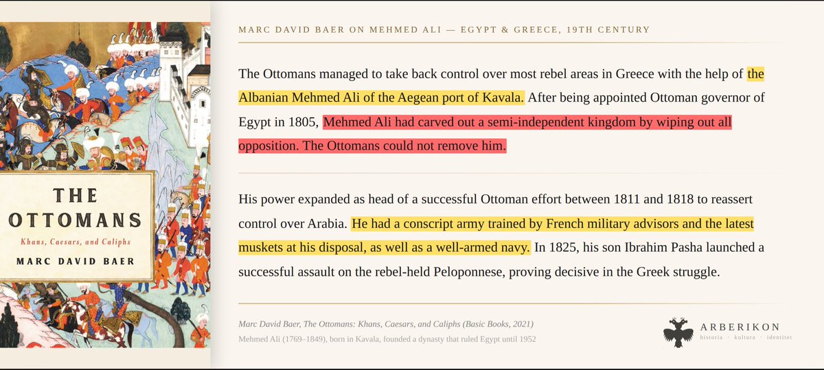Arberikon's tweet photo. Mehmed Ali, an Albanian from Kavala, became governor of Egypt in 1805 and built a powerful, effectively autonomous state under nominal Ottoman sovereignty. 

After defeating Ottoman forces and threatening the empire itself, he secured hereditary rule over Egypt for his family. His dynasty ruled Egypt until the Egyptian Revolution of 1952.