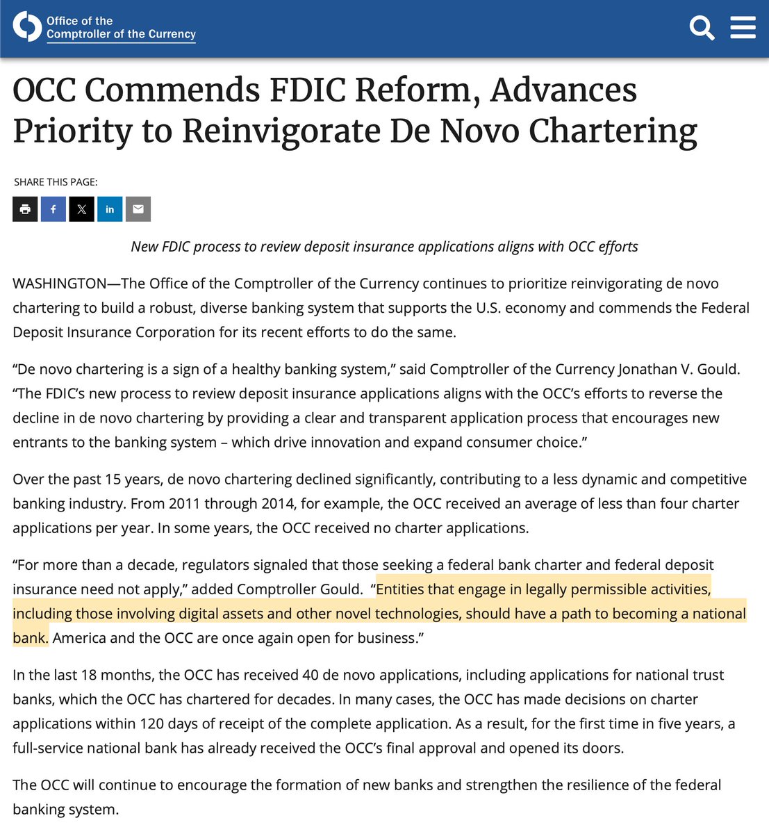 CryptosR_Us's tweet photo. JUST IN: 🇺🇸 BITCOIN &amp; CRYPTO FIRMS CAN NOW APPLY TO BECOME NATIONAL BANKS

The OCC says digital asset companies should have a path to federal bank charters.

BIG shift for crypto banking in America 🙌 https://t.co/oe3CQKQrPb