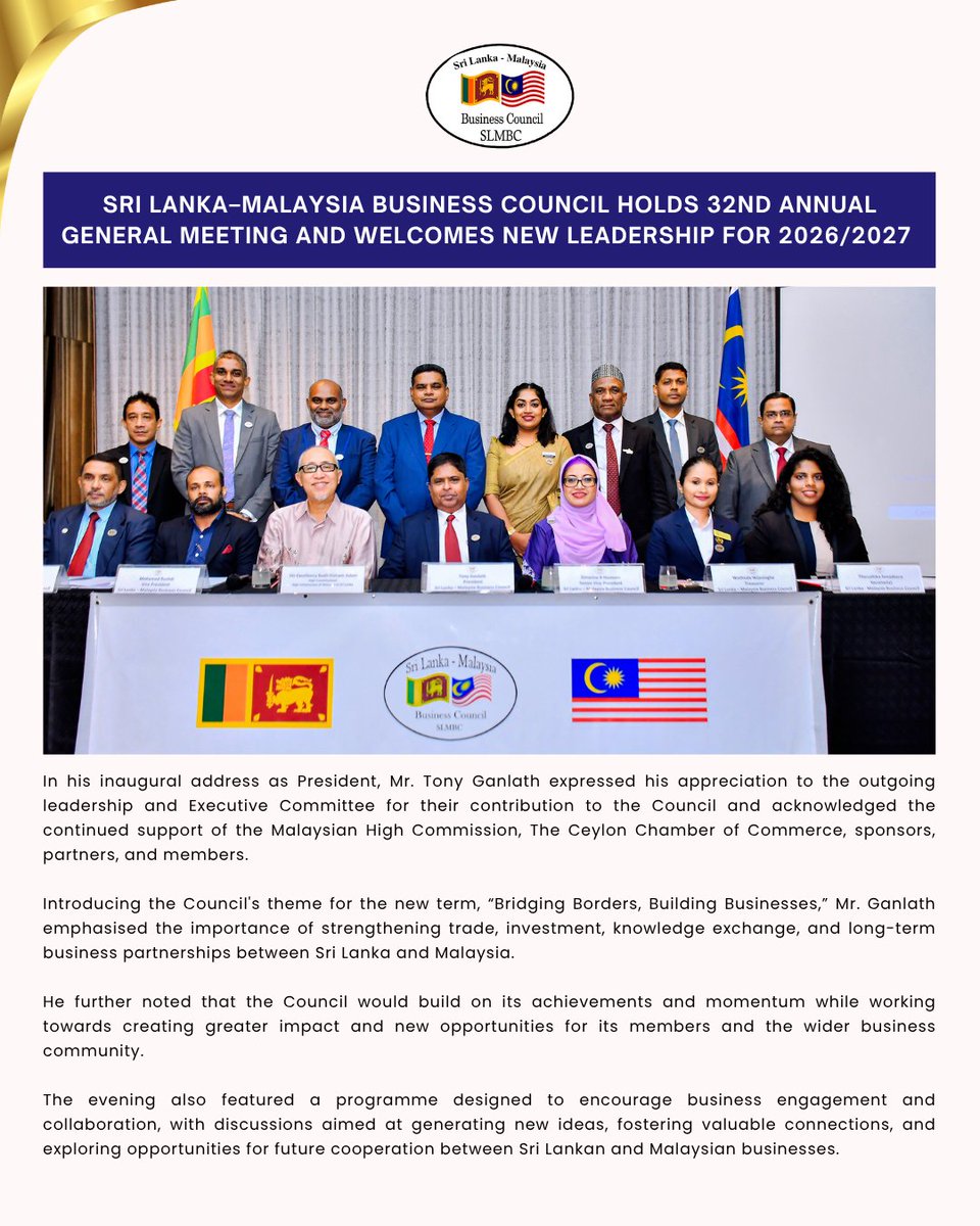 slmbcouncil's tweet photo. Sri Lanka–Malaysia Business Council Holds 32nd Annual General Meeting and Welcomes New Leadership for 2026/2027

#SLMBC #AnnualGeneralMeeting https://t.co/YxLwVbgDfG
