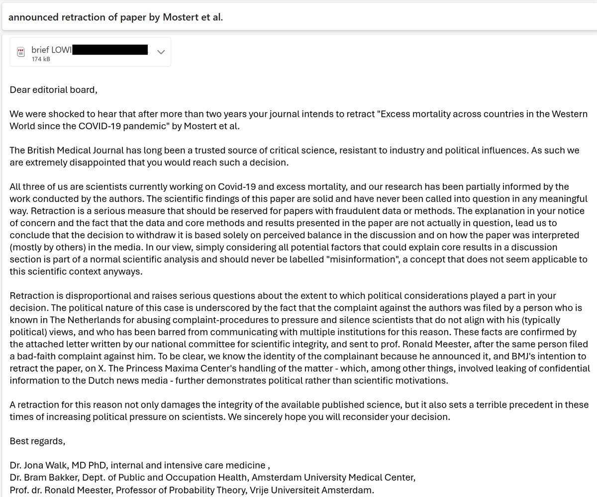 JonaWalk's tweet photo. Yesterday @bmj_latest retracted a paper on Covid-19 and excess mortality. There were no methodological, data or analysis flaws in the paper. The BMJ's reason? They found the discussion 'unbalanced'. They came to that conclusion not during editorial consideration or extensive peer review, but long after the paper had been published. The real reason for retraction can be found in their earlier 'expression of concern': the editors disagreed with how the paper was presented in the media - not by the authors themselves, but by journalists. That is a political and not a scientific reason. With this decision the BMJ adds yet another dangerous precedent in these times of increasing political interference in scientific research. @prinsesmaximac @BMJPublicHealth 

A few days ago we wrote a letter to the editorial board arguing against this retraction: