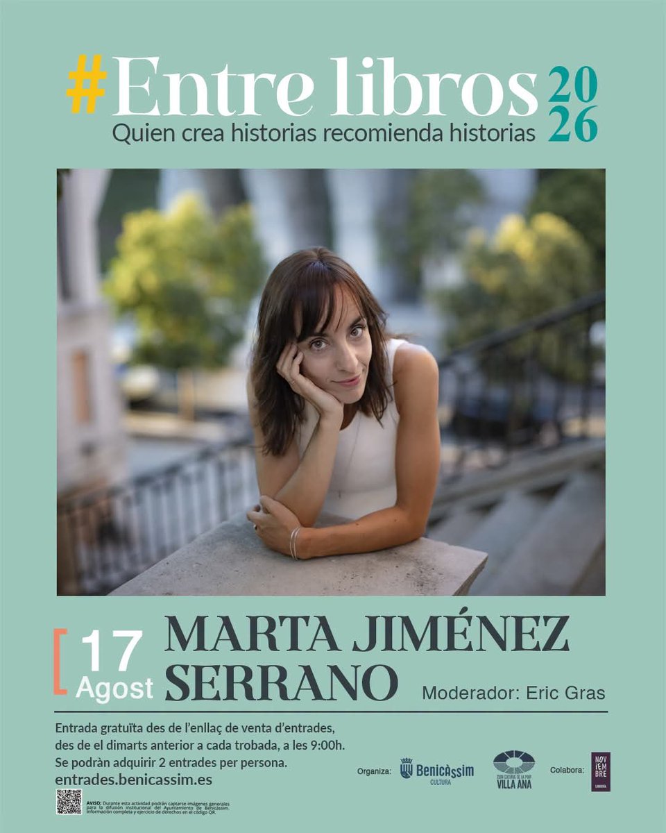 NoviembreLibros's tweet photo. 📚 El próximo lunes 17 de agosto, sigue el ciclo de #EntreLibros, con Marta Jiménez Serrano (@martajserrano )
🗣️ Moderador: Eric Gras @iletradocuerdo

📍 Espai Cultural de la Mar Villa Ana
🕗 A las 20h

#BenicàssimEsCultura https://t.co/grB70jShdZ